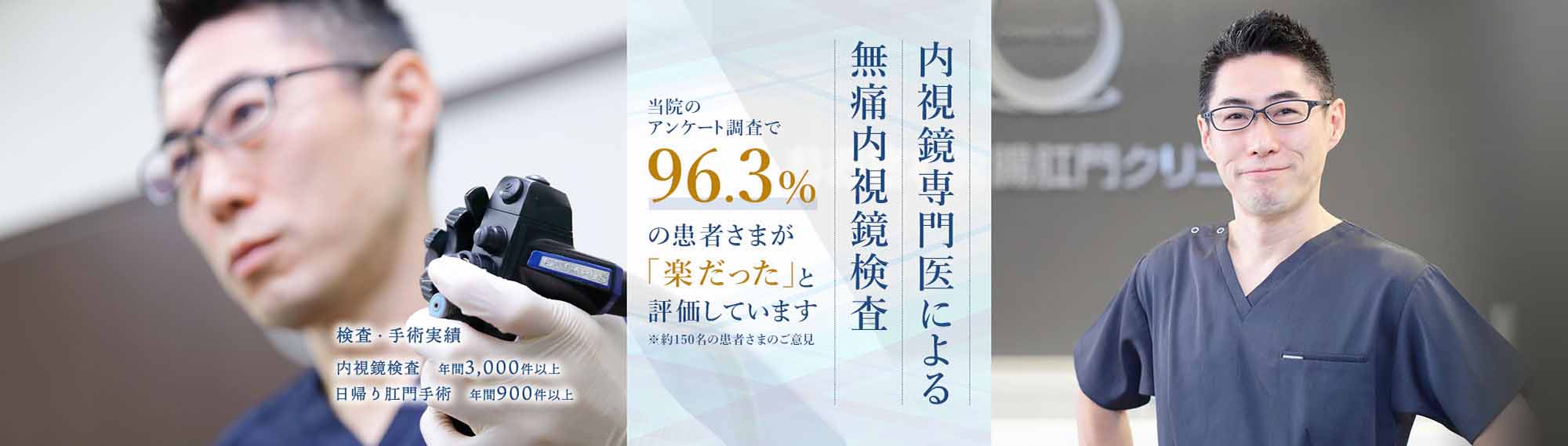 内視鏡専門医による　無痛内視鏡検査　当医院のアンケート調査で96.3%の患者さまが「楽だった」と評価しています※約150名の患者さまのご意見